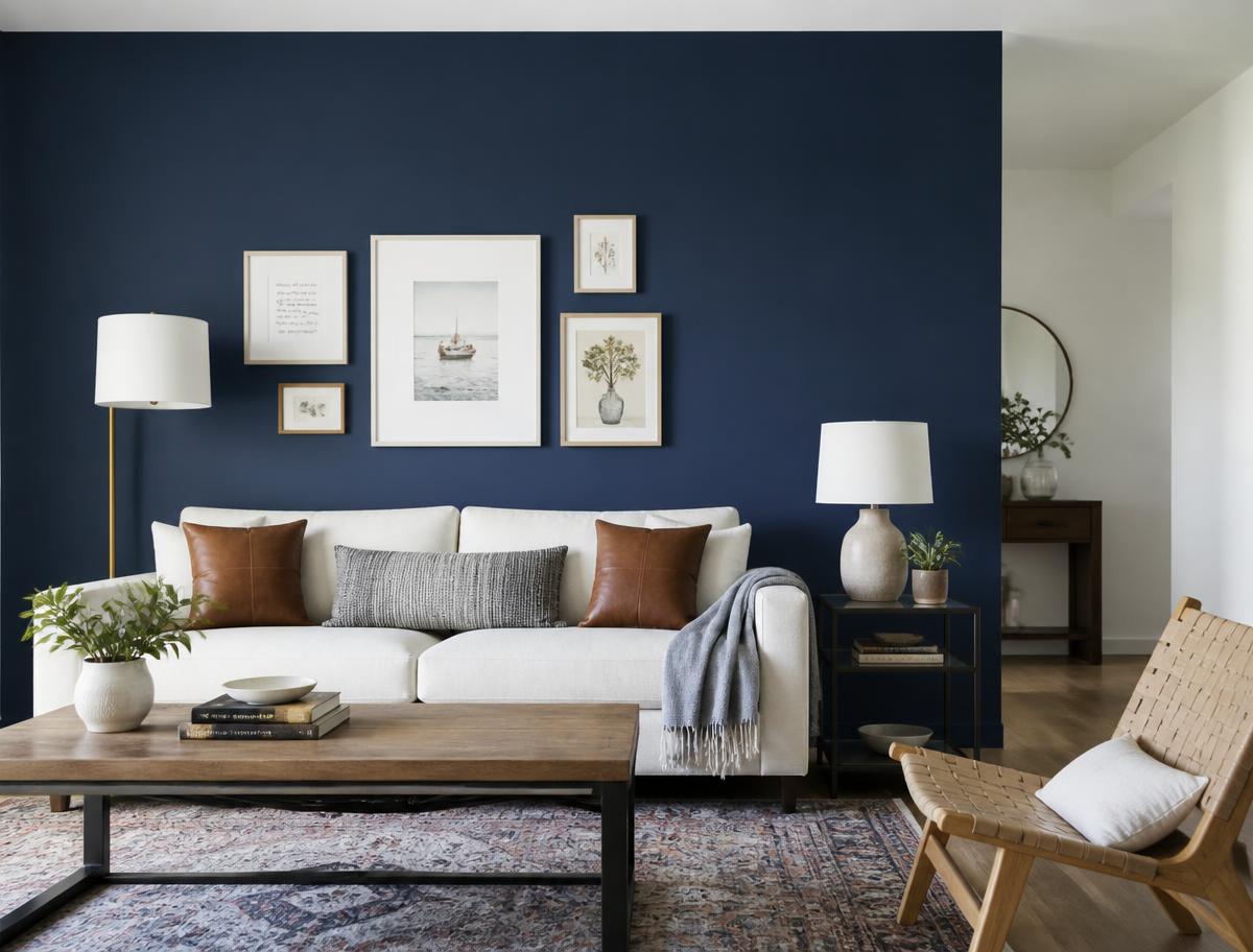 Navy accent wall painted behind a living room sofa