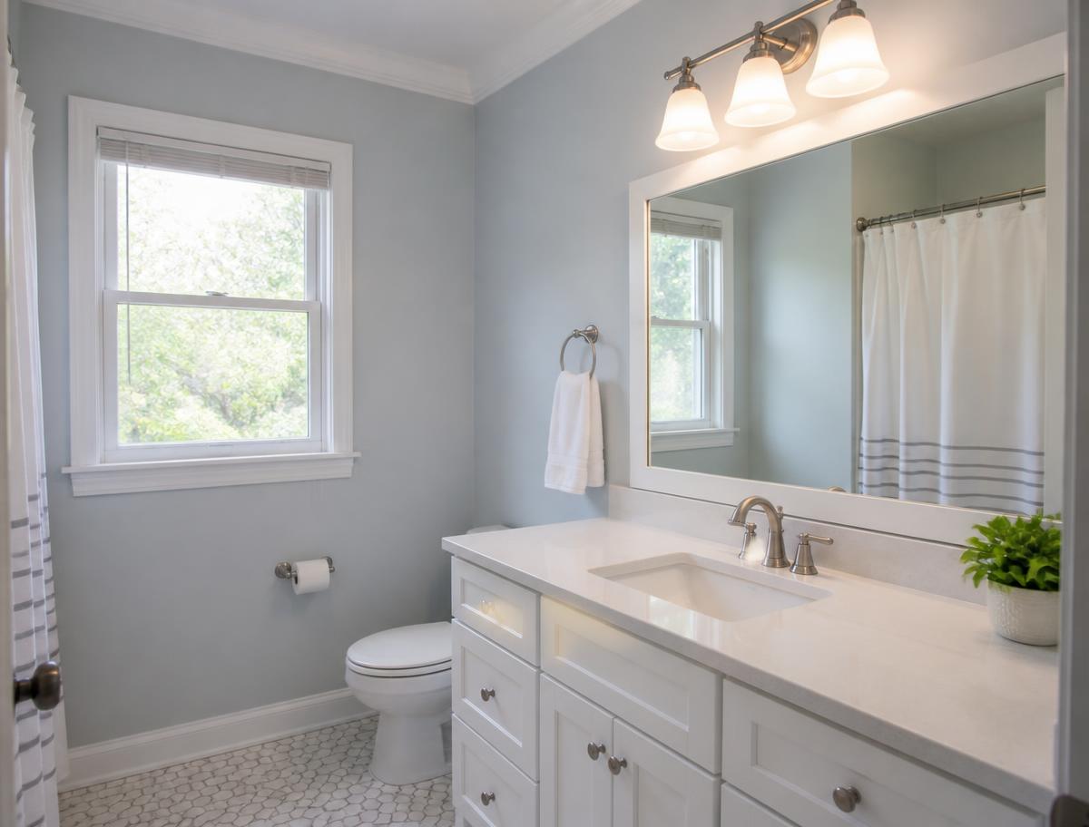 Small bathroom repainted soft gray-blue with white trim