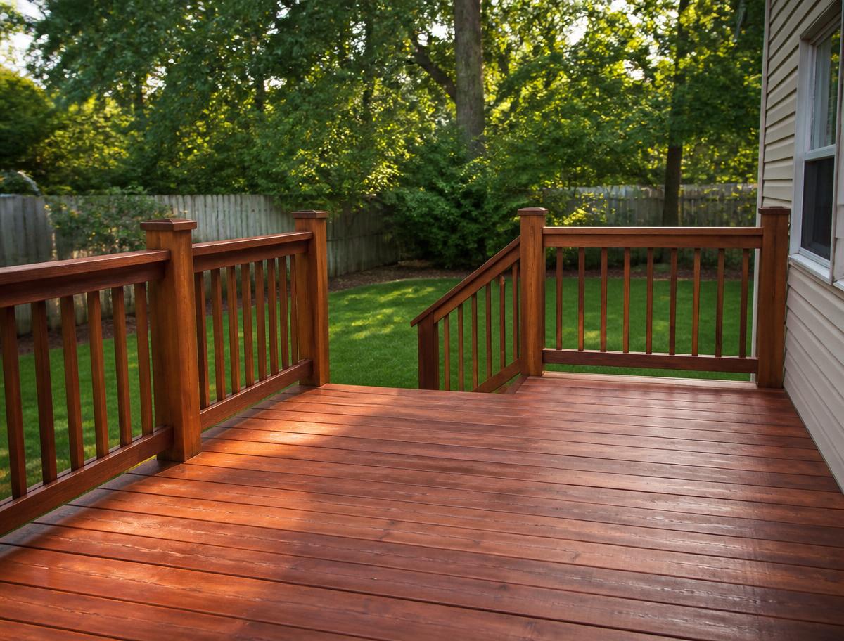 Freshly stained backyard deck and railings
